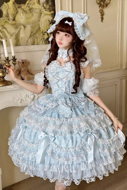 Azure Misty Moon Sleeveless Ruffled Bow Pearl Lace Sweet Princess Lolita Jumper Dress