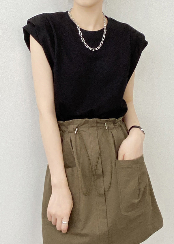 Neck Cotton Shirts Black O Summer Solid T