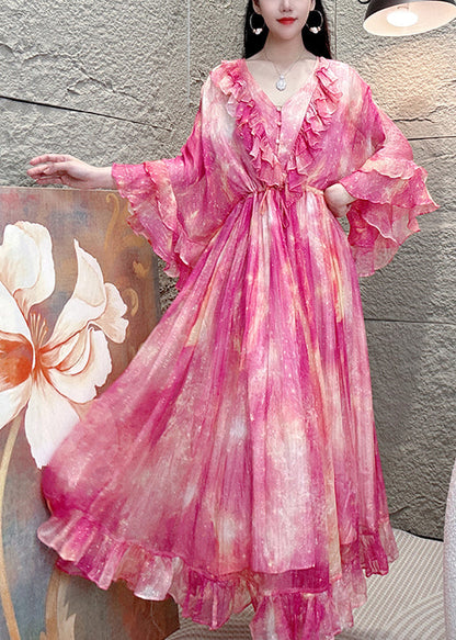 Robe en soie rose chic à col en V et volants, manches papillon, AZ1003 