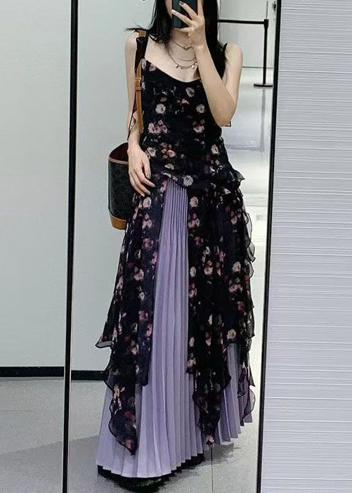 Bohemian Black Ruffled Print Chiffon Two-Piece Set Sleeveless QP030