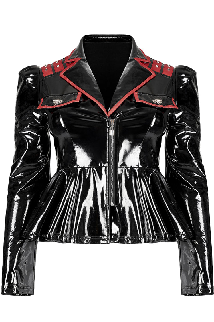 Crimson & Charcoal Patent Leather Lapel Pleated Slim Faux Leather Long Sleeve Punk Jacket