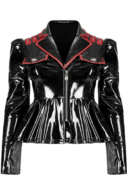 Crimson & Charcoal Patent Leather Lapel Pleated Slim Faux Leather Long Sleeve Punk Jacket