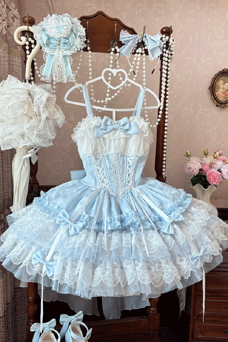 Azure Dance of Time Sleeveless Triple Ruffled Bow Lace-Up Sweet Ballet Lolita Jumper Dress