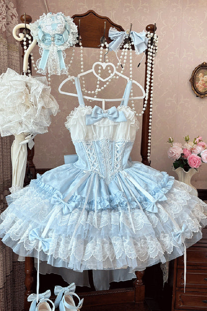 Azure Dance of Time Sleeveless Triple Ruffled Bow Lace-Up Sweet Ballet Lolita Jumper Dress