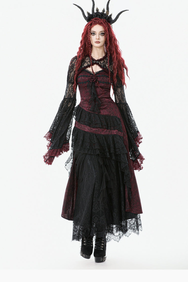 Crimson & Charcoal Rose Layered Tulle Ruffled Goth Evening Gown