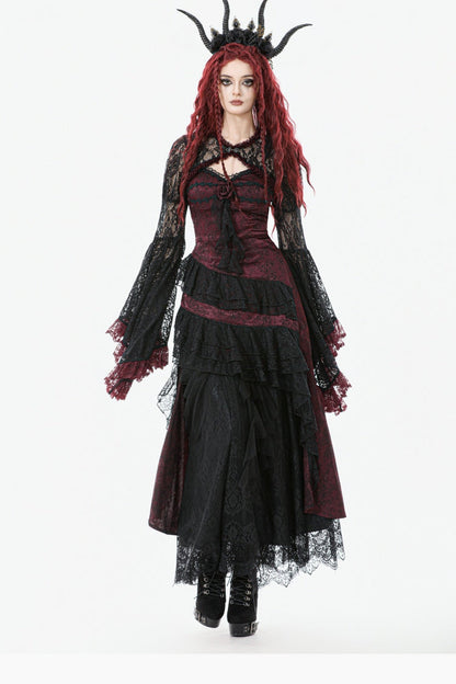 Crimson & Charcoal Rose Layered Tulle Ruffled Goth Evening Gown