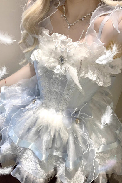 Ballet-Inspired Multi-Layer Ruffle JSK Dress with Bowknot in Three Hues - EtherealGrace