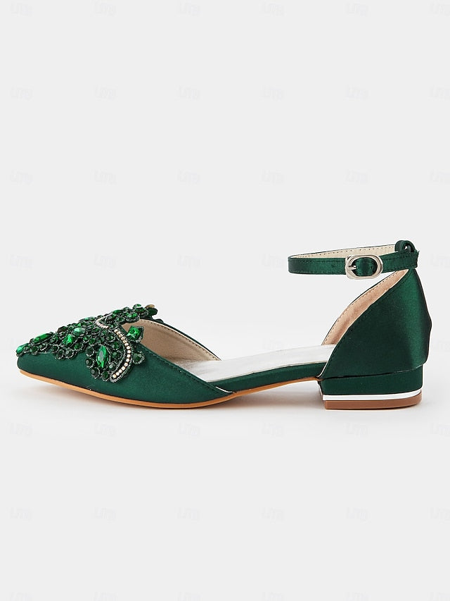 Style Flats Green Vintage Pointed-Toe Gemstone Embellished –