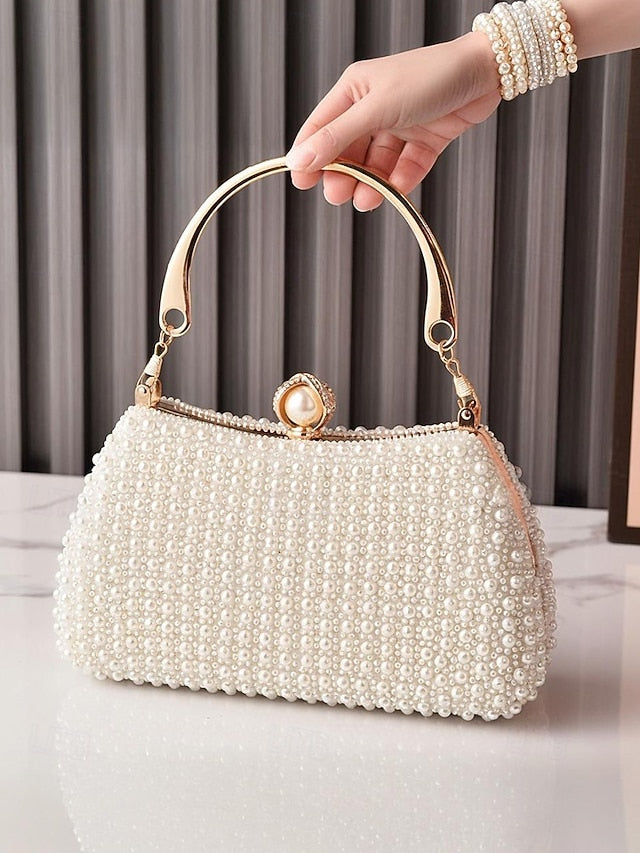 Gold with Beaded Handle Evening Pearl Bag Women's Clutch