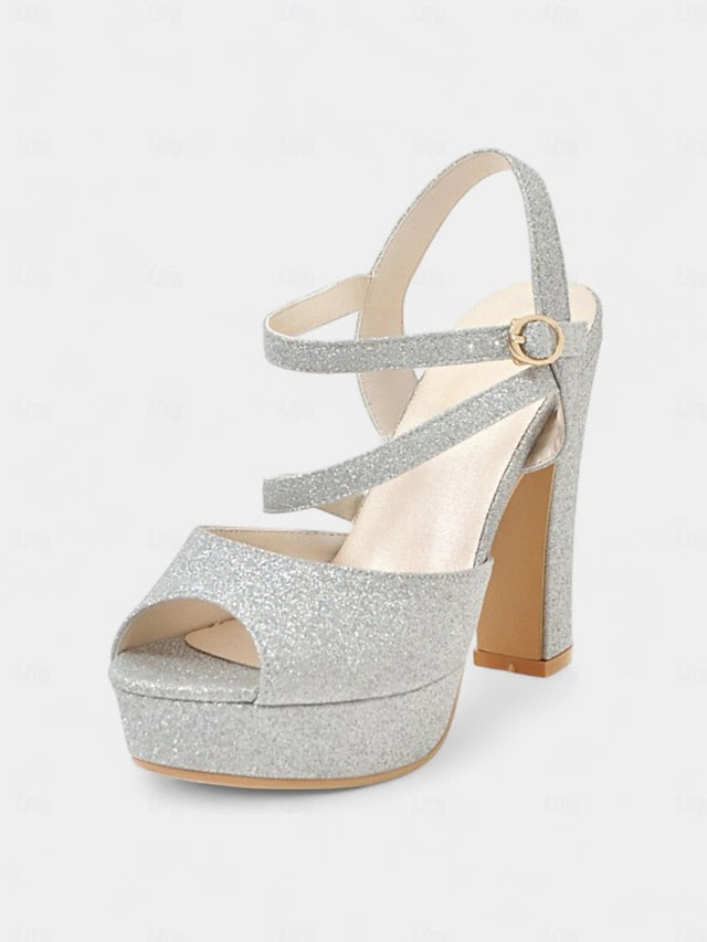 Glitter Women's High Sandals Strap Ankle Heel with Platform