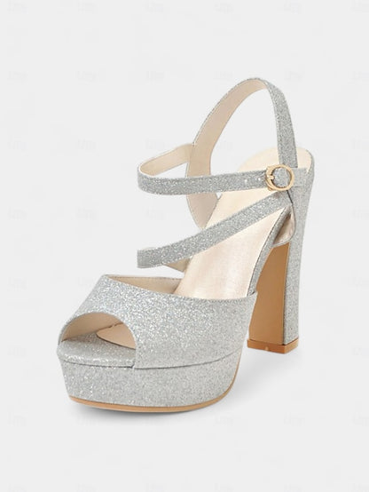 Glitter Women's High Sandals Strap Ankle Heel with Platform