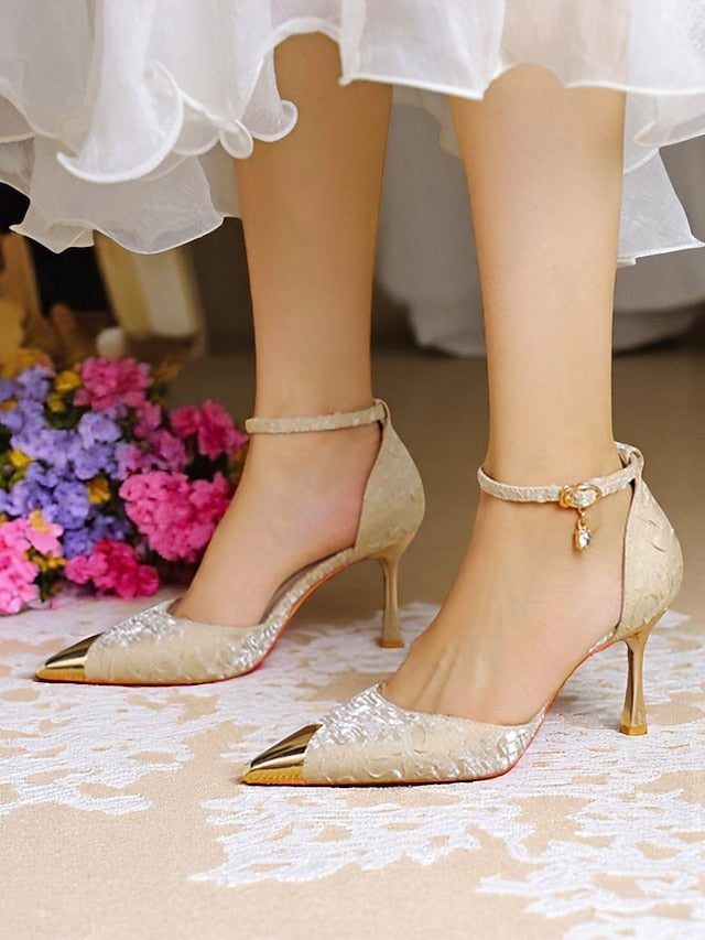 Heels Gold Beige Accents Women's Satin Pointed with and Toe