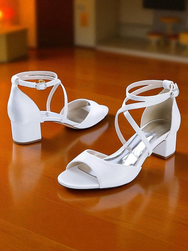 Elegant Block Sandals Women's - Ankle Heel Strap Satin with
