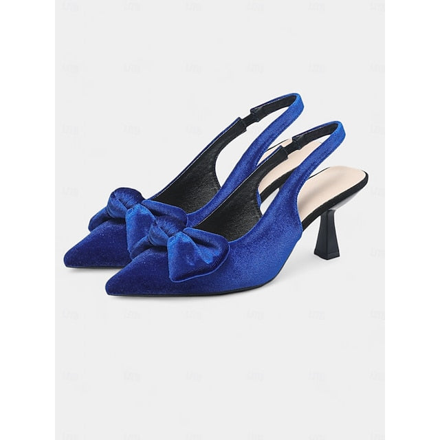 Bow Toe Blue Slingback with Pointed Women's Velvet Heels