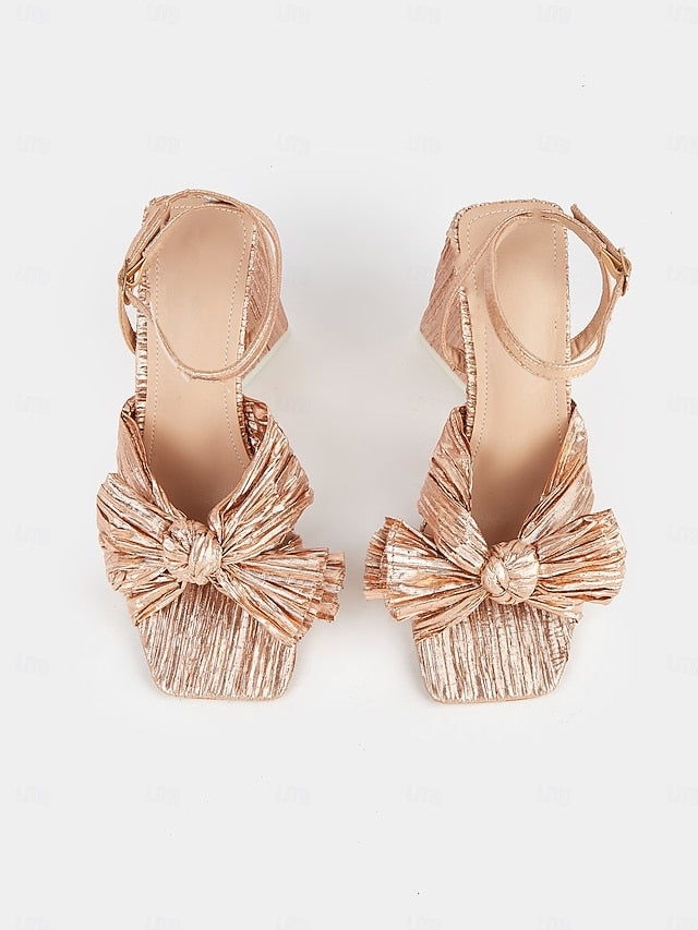 Textured Detail with Block and Gold Rose Knot Sandals Heel