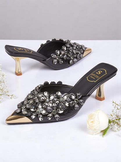 Mules Pointed-Toe Embellished – Black Rhinestone Women's