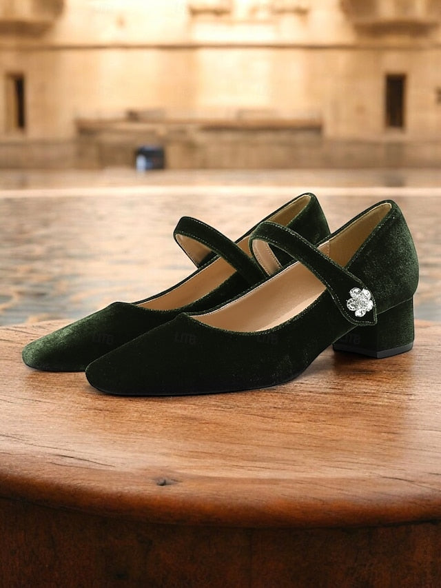Mary Jane Toe Pumps Green Square - Block Velvet Women's