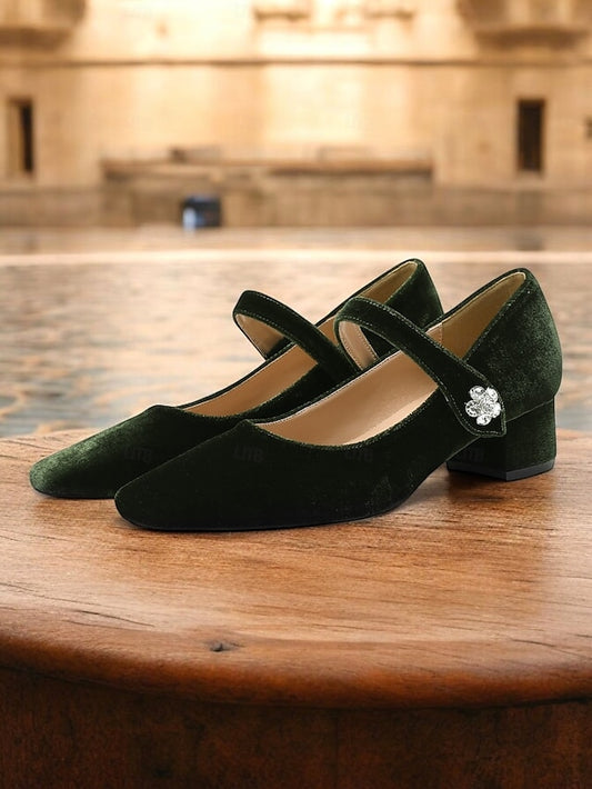Mary Jane Toe Pumps Green Square - Block Velvet Women's