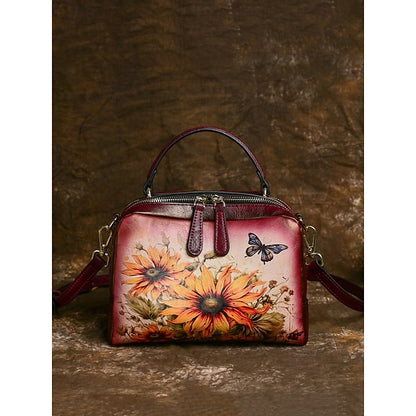 – Sunflower Print Vintage with Handbag Leather and Butterfly