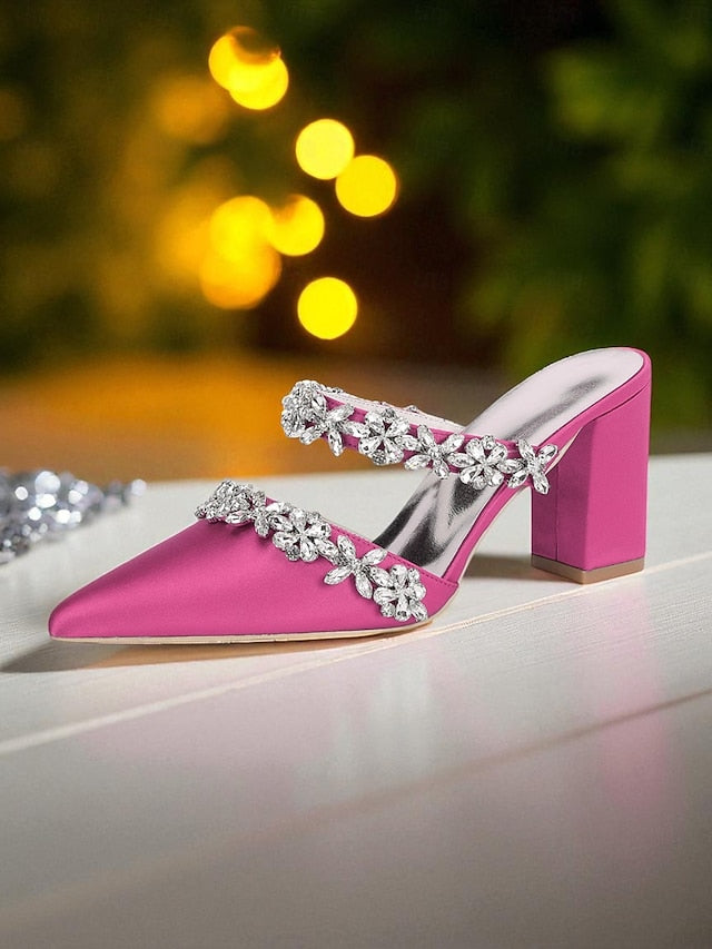 Heel Block Mules with Black Satin Floral Rhinestone Women's