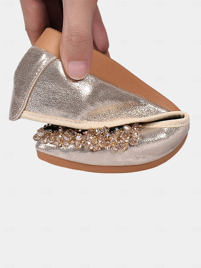 Women's Black Flats Rhinestone with Ballet Foldable