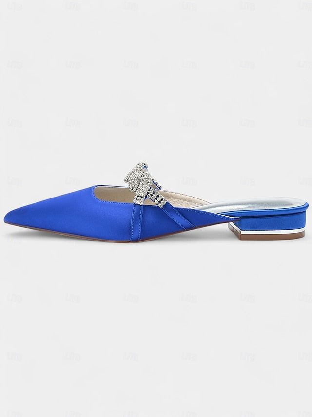 - Rhinestone with Heels Satin Pointed-Toe Mule Blue Detailing