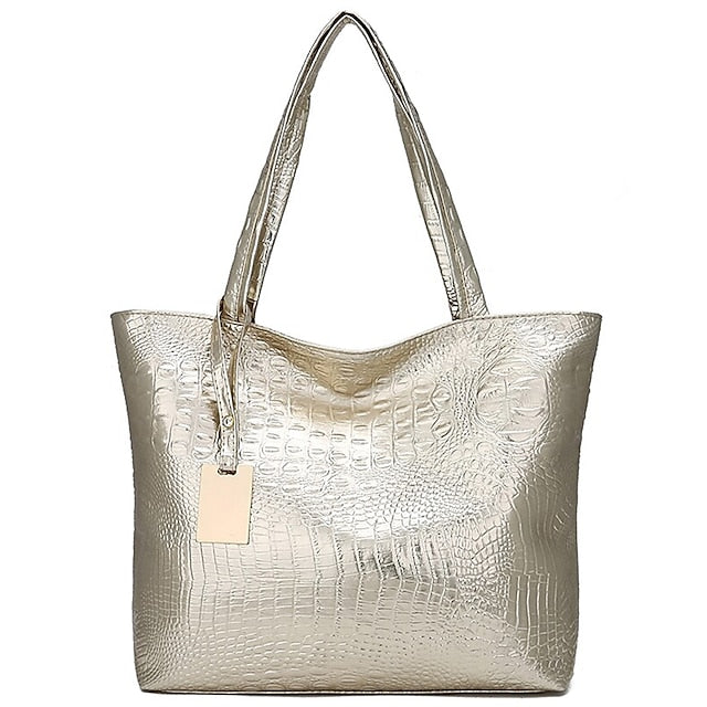 Bag Faux Large Tote Embossed Women's Croc Silver | Capacity