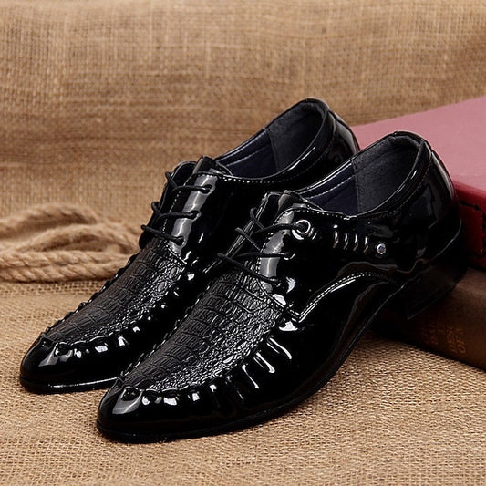 Black - Men's Leather Shoes Faux Crocodile Patent