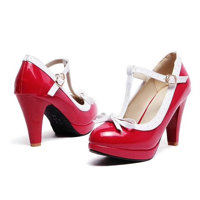 White Women's Heels Black T-Strap High Leather Patent with