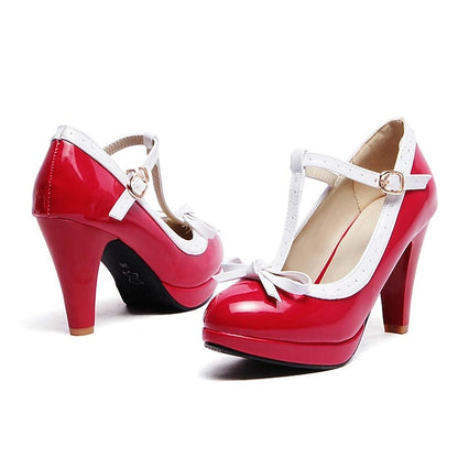 White Women's Heels Black T-Strap High Leather Patent with