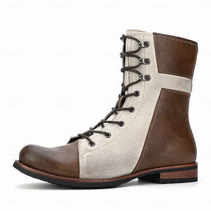 Two-Tone Vintage Boots Leather Lace-Up Faux Men's Mid-Calf