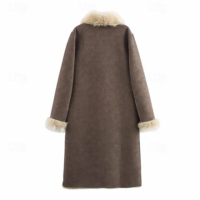 Women's Warm Pocket Coat Faux Buttons Comfortable Fur