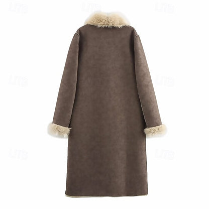 Women's Warm Pocket Coat Faux Buttons Comfortable Fur