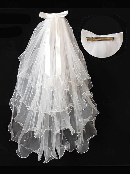Ivory with - Soft Elegant Ribbon Tulle Bridal Satin and Veil