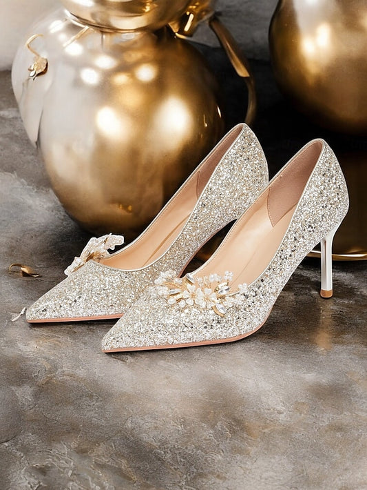 Glitter Silver Heels Stiletto Floral with Women's