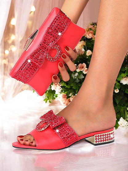 – Rhinestone with Matching Sandals Bow Clutch Flat Gold