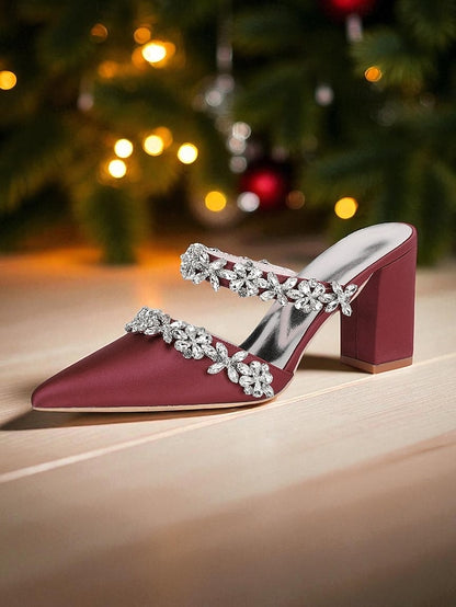 Heel Block Mules with Black Satin Floral Rhinestone Women's