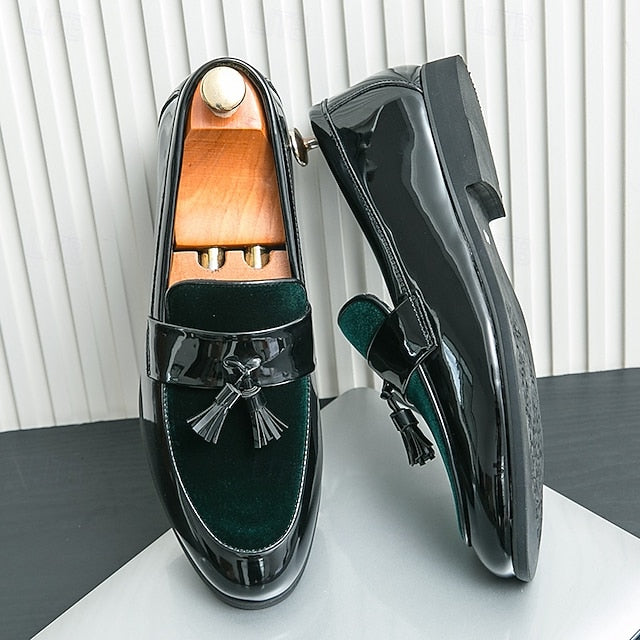 Velvet Leather – Loafers Men's Black Tassel Faux Patent