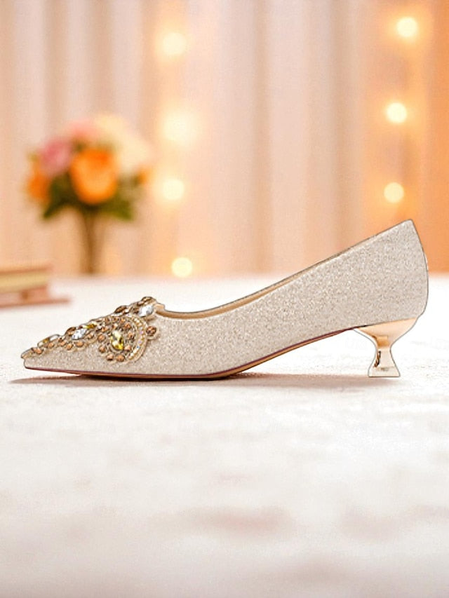 Heel Women's Pumps Pointed-Toe with Gold Low Glitter