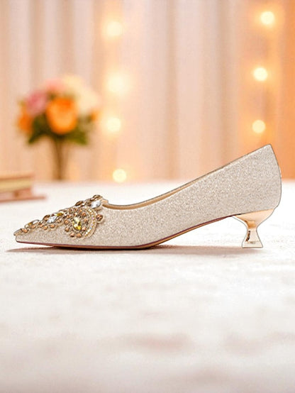 Heel Women's Pumps Pointed-Toe with Gold Low Glitter