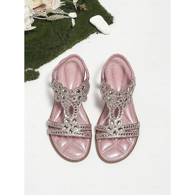 Rhinestone – Flat Boho Silver Sandals Women's T-Strap