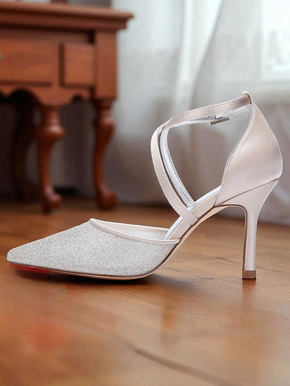 Heels Strap Elegant Silver - Ankle Women's Glitter Stiletto
