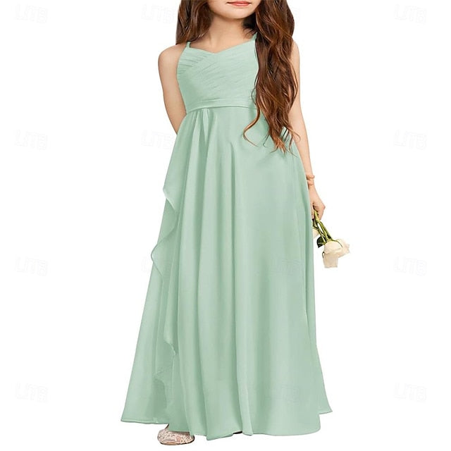 A-Line Flower Halter Girl Flowy Dress Junior Girls Bridesmaid