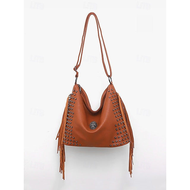 - Brown Leather Boho Studded Bag Women's Hobo Skull Fringe