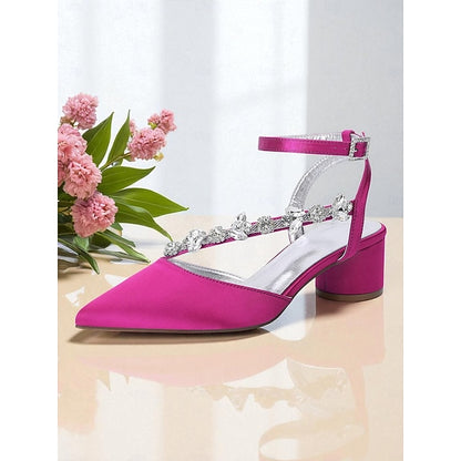 Satin Rhinestone Purple Women's Block with Heel Pumps