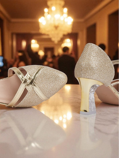Strap Women's Heel Pumps Ankle Glitter Gold - Block Elegant