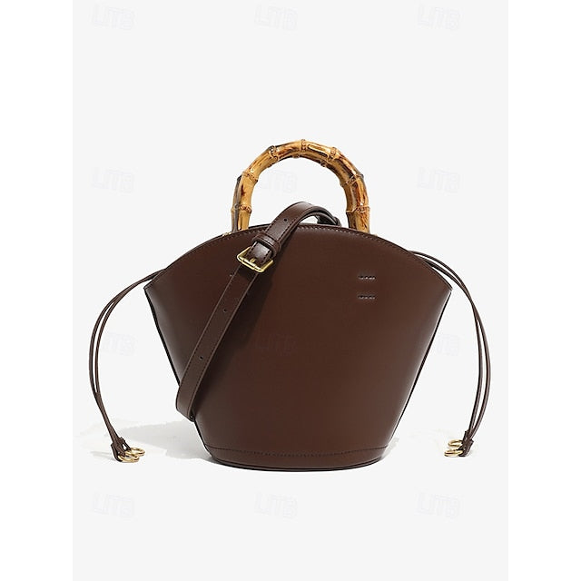 Bamboo with Leather Bag Handle Women's Bucket Brown