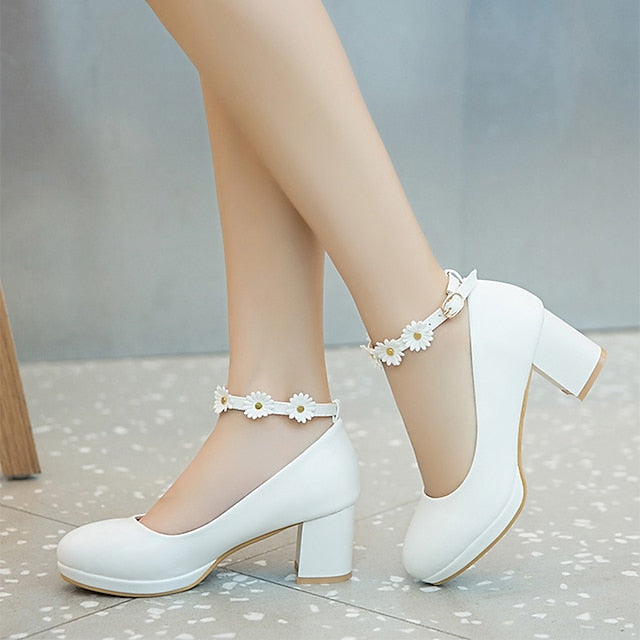 Shoes with Flower Block Ankle White Girls' Daisy Heel