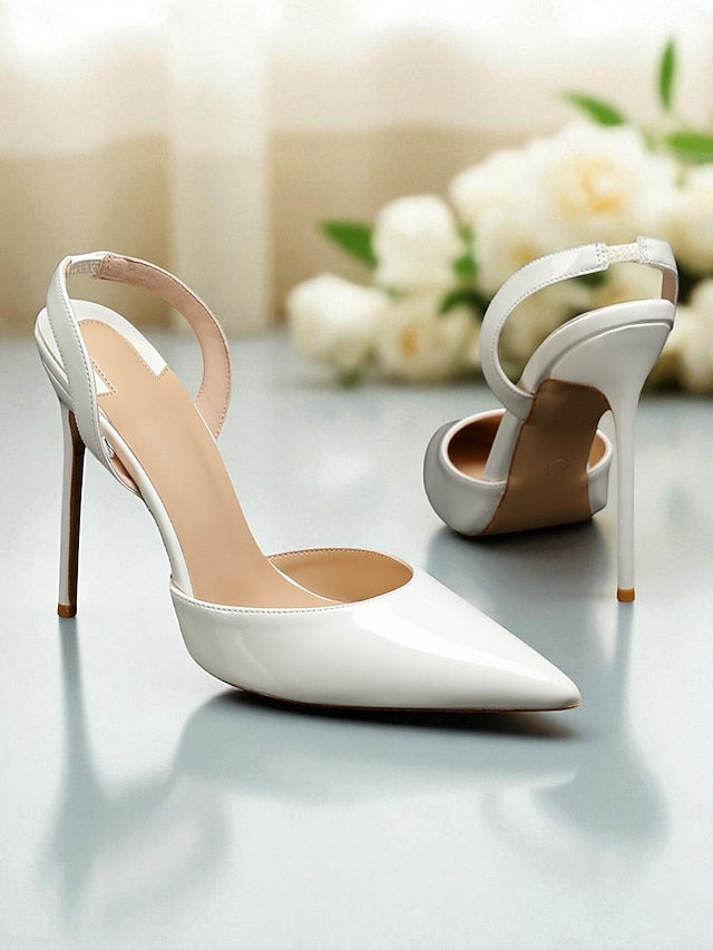 White - Pearl-Embellished Women's Slingback Leather Heels