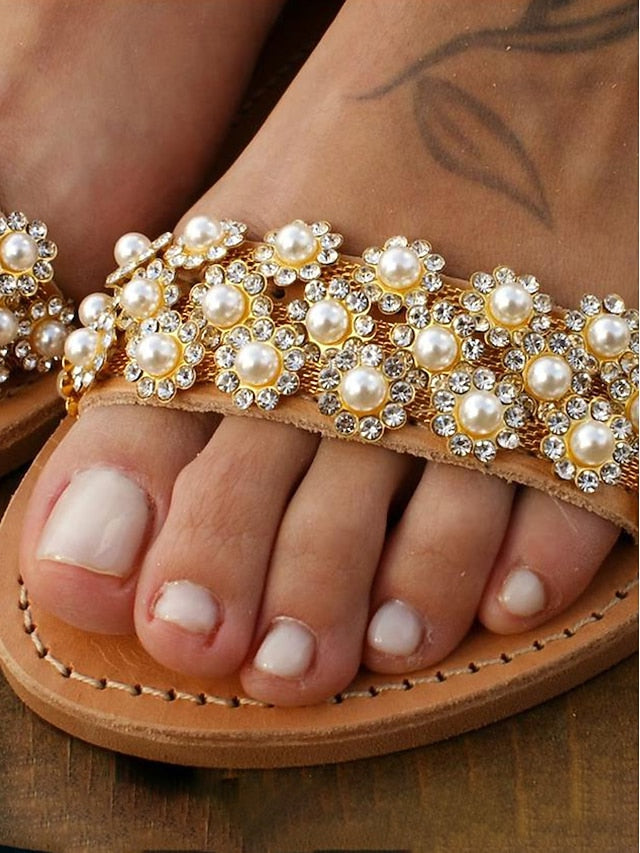 Flat with Straps Beaded Ankle Boho Chic Floral for Sandals